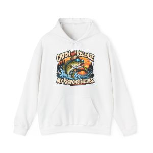 White hoodie printed with "CATCH AND RELEASE MY RESPONSIBILITIES." and a bass in a cap and mirrored sunglasses