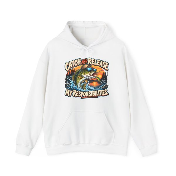 White hoodie printed with "CATCH AND RELEASE MY RESPONSIBILITIES." and a bass in a cap and mirrored sunglasses
