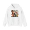 Front of the white unisex hoodie printed with an eye-rolling bartender in a black apron leaning on the bar behind a row of cocktails and a steel shaker and the words “Surprise me” is not a flavor.