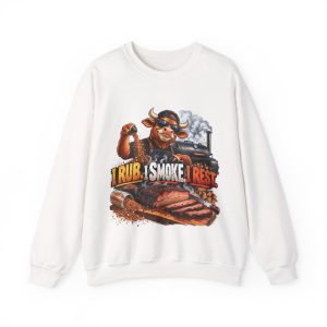 White sweatshirt printed with "I RUB. I SMOKE. I REST." and a bull in a cap and sunglasses sprinkling dry rub by hand