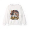 White crewneck sweatshirt printed on the front with a bewildered homeowner in a green hoodie holding a small change sketch while six grinning tradesmen with tools crowd around him and the words "The Homeowner Changed One Thing. Six Trades Got Involved."