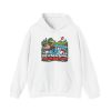 Hoodie printed on the front with a smug mallard in a pond, gift-wrapped golf balls with red bows splashing into the water, a golf flag in a Santa hat and the words "I Got Golf Balls For Christmas. The Lake Says Thanks."