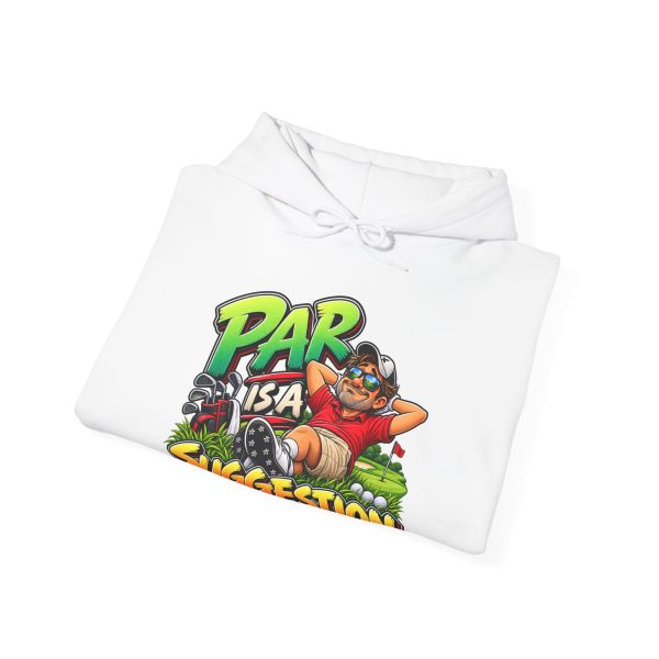Folded white hoodie showing "Par Is a Suggestion" golf graphic