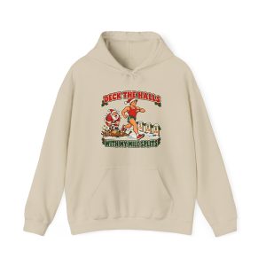 Funny running Christmas hoodie in Sand, front print: Deck the Halls With My Mile Splits, a Santa-hat runner passing an exhausted Santa