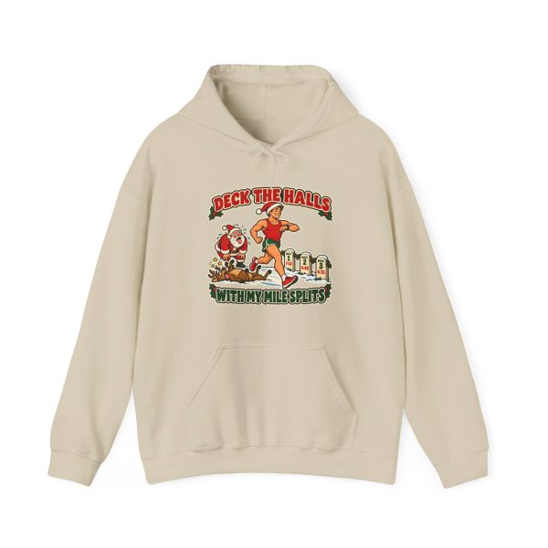 Funny running Christmas hoodie in Sand, front print: Deck the Halls With My Mile Splits, a Santa-hat runner passing an exhausted Santa