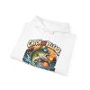 Folded white hoodie showing "Catch and Release My Responsibilities" fishing graphic