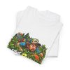 Folded white T-shirt showing "In the Bushes Finding Myself" disc golf graphic