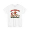 Funny running Christmas T-shirt in White, front print: Deck the Halls With My Mile Splits, a Santa-hat runner passing an exhausted Santa