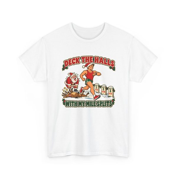 Funny running Christmas T-shirt in White, front print: Deck the Halls With My Mile Splits, a Santa-hat runner passing an exhausted Santa