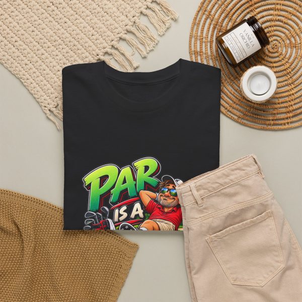 Black T-shirt with "Par Is a Suggestion" golf graphic, lifestyle flat-lay