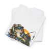 Folded white T-shirt showing "I Fish. Therefore I Lie." fishing graphic