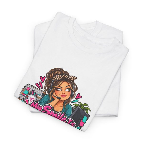 Close-up of the "My Smile Is Mandatory. My Eye Roll Is Freelance." design on the t-shirt