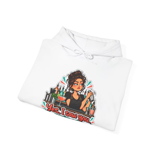 Close-up of the "Yes, I saw you. No, you're not next." bartender design on the hoodie