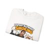 Folded white crewneck sweatshirt showing "I Spent All Night Smoking... The Kids Asked for Nuggets" BBQ dad graphic