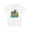 White unisex T-shirt printed with MY BEST SHOT IS AN EXCUSE. and a shrugging golfer in a blue polo beside his golf bag