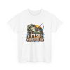 White fishing T-shirt printed with I FISH. THEREFORE I LIE and a laid-back bass in a cap and sunglasses lounging in a wooden chair on a dock