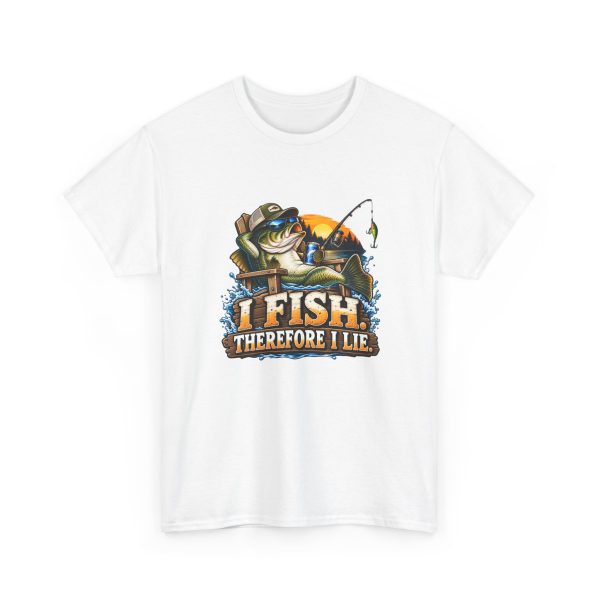 White fishing T-shirt printed with I FISH. THEREFORE I LIE and a laid-back bass in a cap and sunglasses lounging in a wooden chair on a dock