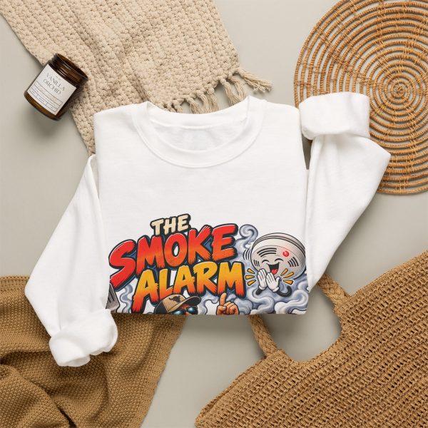 White crewneck sweatshirt with "The Smoke Alarm Is Just Applause" BBQ graphic, lifestyle flat-lay