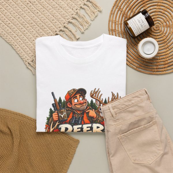 White T-shirt with "Deer Season Is My Personality Now" hunting graphic, lifestyle flat-lay