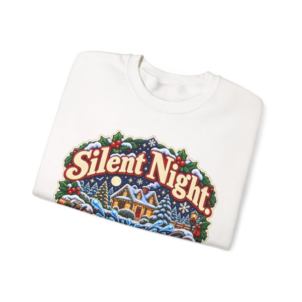Folded white crewneck sweatshirt showing "Silent Night. Until The Pipes Burst" plumber Christmas graphic