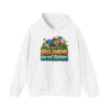 White hoodie printed with "STILL LOOKING FOR THAT FAIRWAY." and a squinting golfer in a blue polo and white cap