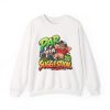 White crewneck sweatshirt printed with PAR IS A SUGGESTION. and a relaxed golfer lying back in the grass by his golf bag