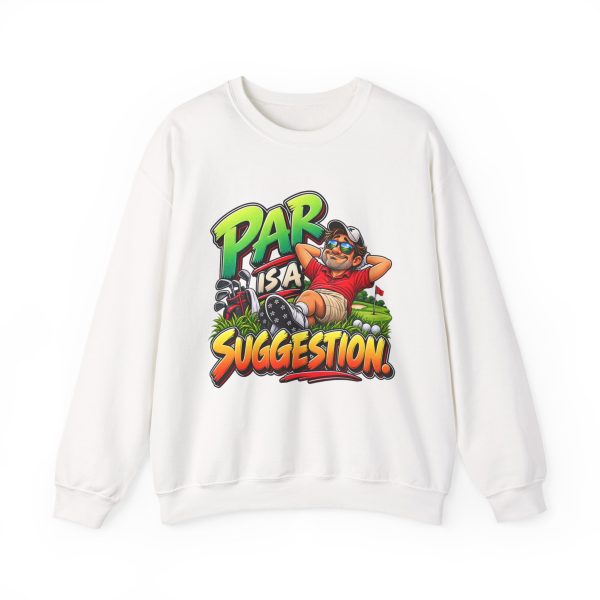 White crewneck sweatshirt printed with PAR IS A SUGGESTION. and a relaxed golfer lying back in the grass by his golf bag