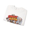 Folded white crewneck sweatshirt showing "The Smoke Alarm Is Just Applause" BBQ graphic