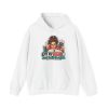 White bookkeeper hoodie printed with Off by $0.01 and I will find you and a determined bookkeeper with a curly bun peering over her glasses