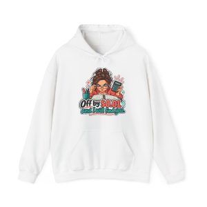 White bookkeeper hoodie printed with Off by $0.01 and I will find you and a determined bookkeeper with a curly bun peering over her glasses
