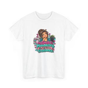 White call center T-shirt printed with My Smile Is Mandatory. My Eye Roll Is Freelance and a call center agent with a curly bun