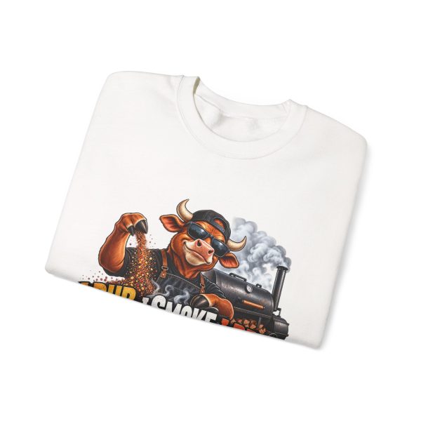 Folded white crewneck sweatshirt showing "I Rub. I Smoke. I Rest" BBQ graphic