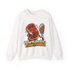 Funny BBQ crewneck sweatshirt with a blushing, freckled steak admiring its grill marks in a mirror held by a spatula