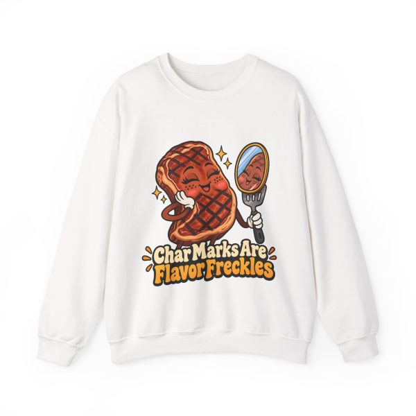 Funny BBQ crewneck sweatshirt with a blushing, freckled steak admiring its grill marks in a mirror held by a spatula