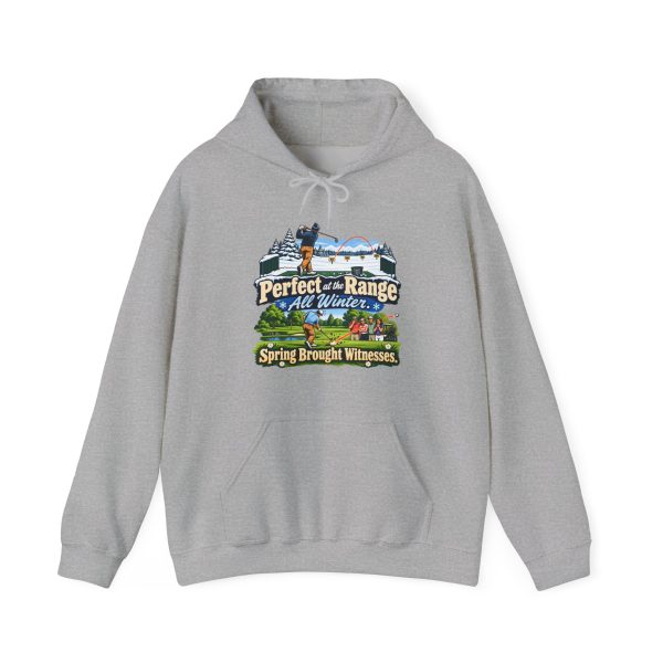 Funny golf hoodie in Sport Grey, front print: Perfect at the Range All Winter. Spring Brought Witnesses.