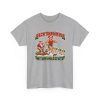 Funny running Christmas T-shirt in Sport Grey, front print: Deck the Halls With My Mile Splits, a Santa-hat runner passing an exhausted Santa