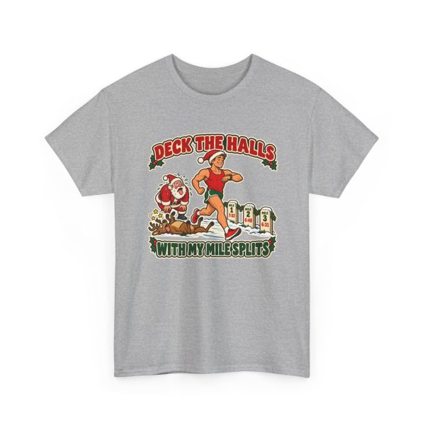 Funny running Christmas T-shirt in Sport Grey, front print: Deck the Halls With My Mile Splits, a Santa-hat runner passing an exhausted Santa