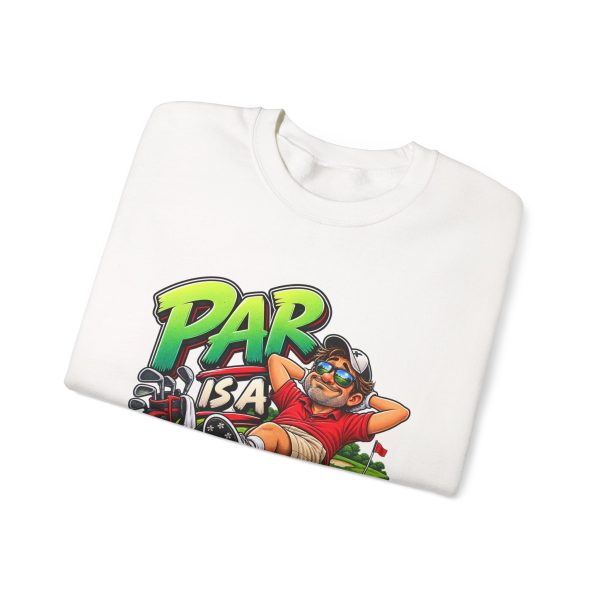 Folded white crewneck sweatshirt showing "Par Is a Suggestion" golf graphic