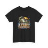 Black T-shirt with "I Fish. Therefore I Lie." fishing graphic, front view