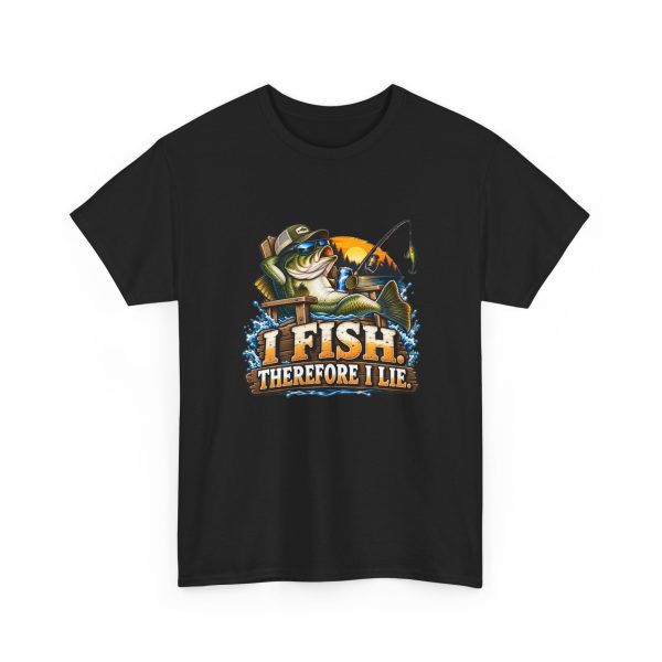 Black T-shirt with "I Fish. Therefore I Lie." fishing graphic, front view