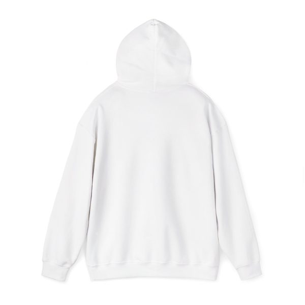 Plain white hoodie, back view, hood up