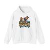 Front of the white unisex hoodie printed with a worn-out hiker clutching her knees beside a wooden MODERATE trail sign, with pine trees and snowy mountains and the words "Trail Said Moderate. My Knees Want To Speak To The Manager."