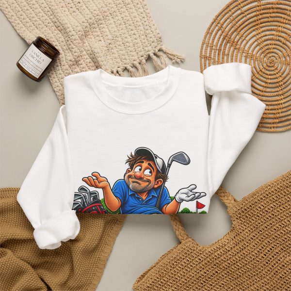 White crewneck sweatshirt with "My Best Shot Is an Excuse" golf graphic, lifestyle flat-lay