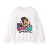 White customer service crewneck sweatshirt printed with I Put You on Hold to Make the Face and a customer service rep with a messy curly bun