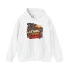 White hoodie printed with "I TRACK. I WAIT. I MISS." and a camo hunter watching through binoculars from a wooden blind