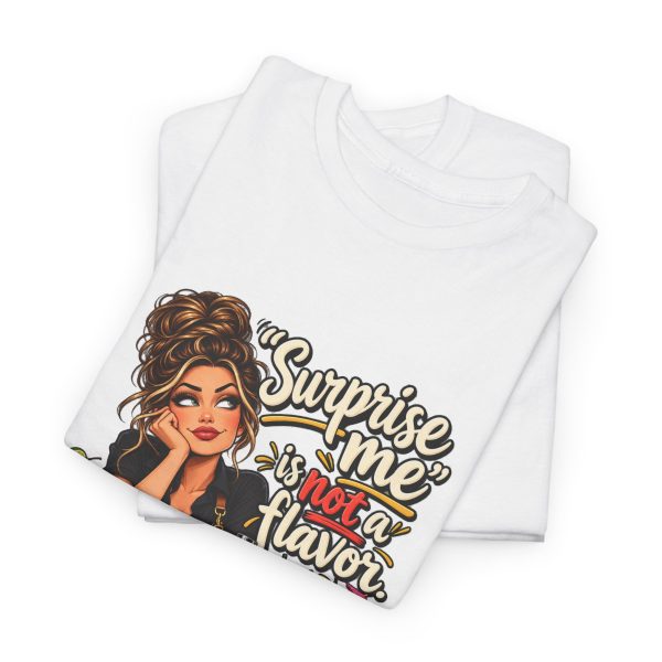 White bartender t-shirt folded flat, design on the front