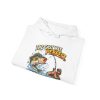 Folded white hoodie showing "The Cast Was Perfect. The Fish Disagreed" fishing graphic