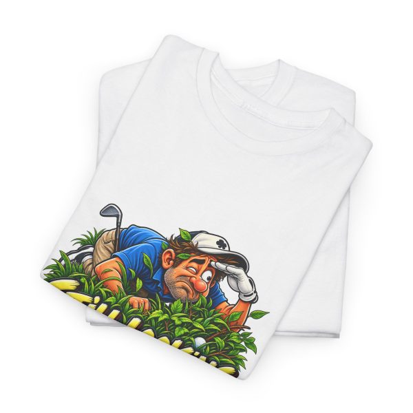 Folded white T-shirt showing "Still Looking for That Fairway" golf graphic