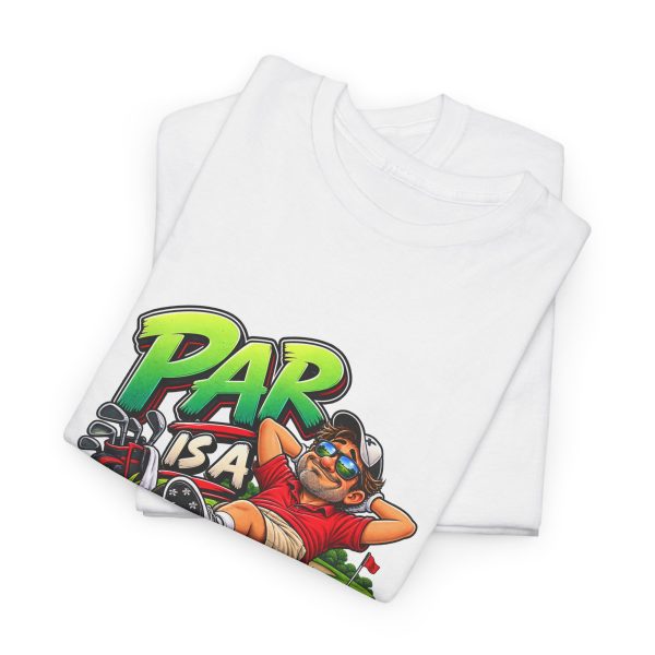 Folded white T-shirt showing "Par Is a Suggestion" golf graphic