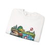 Close-up of the crewneck print showing the mallard, a golf flag in a Santa hat and the "I Got Golf Balls For Christmas. The Lake Says Thanks." lettering